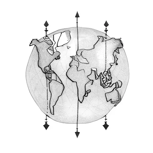 A Blackwork Tattoo Of A World Map With A Red Thread Of Fate Connecting Different Countries