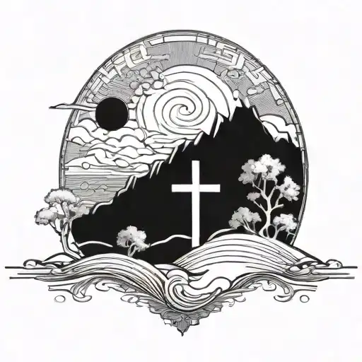 Cross And Landscape Background Black And White