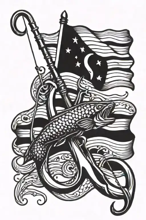 Fishing Hook And American Flag Intertwined