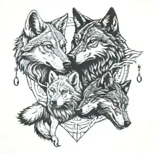 She-wolf And Two Wolf Cubs Mandala Design Incorporating