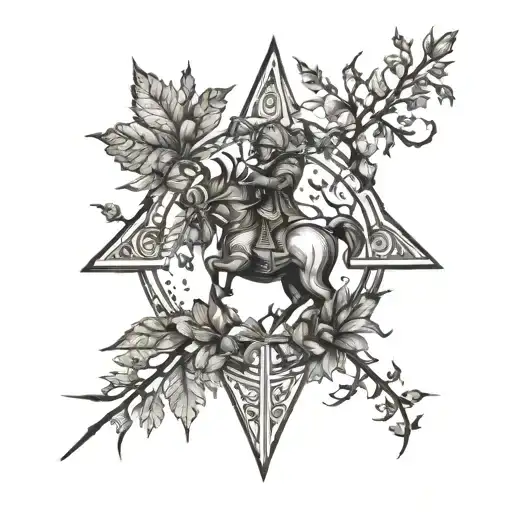 A Blackwork Tattoo Of A Sagittarius Symbol With Fall Foliage