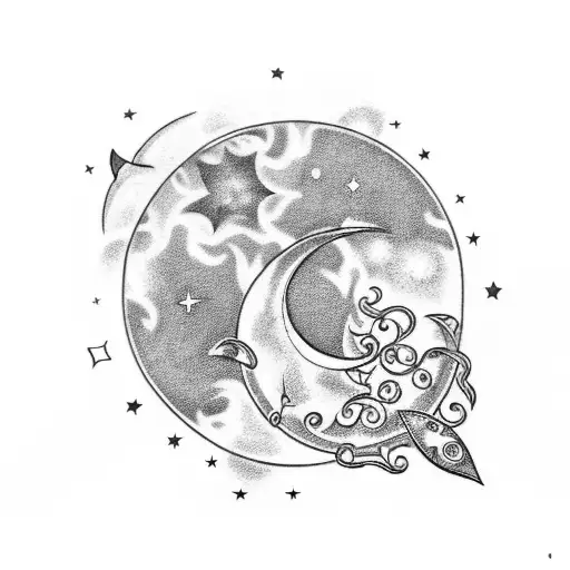 An Ethereal Blackwork Tattoo Depicting A Crescent Moon Surrounded By Stars