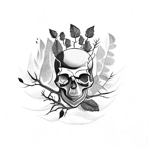 Skull With Plants And Tree Branches Stretched Horizontally