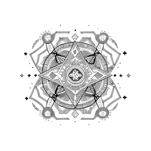 A Detailed Blackwork Tattoo Of A Pisces Constellation Surrounded By Intricate Geometric Patterns