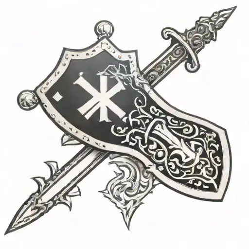 A Design Of A Fighter Holding A Sword With A Shield And A Cross On It Tattoo Idea