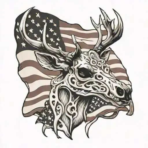 Deer Skull In Front American Flag