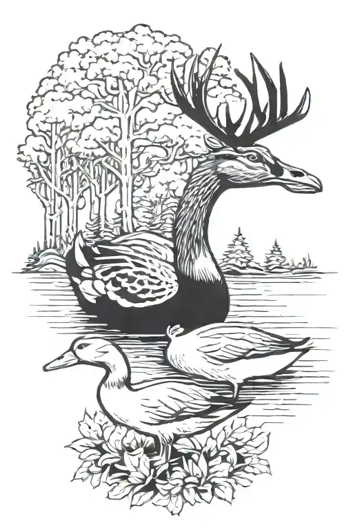 Duck And Deer Head With Trees