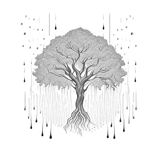 An Intricate Blackwork Tattoo Of A Majestic Tree With Water Droplets Falling From Its Branches