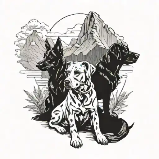 2 Dogs Sitting With Their Mom Watching Mountain