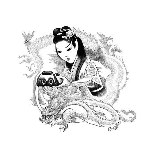 A Geisha Holding A Gaming Controller With A Dragon Tattooed On Her Back