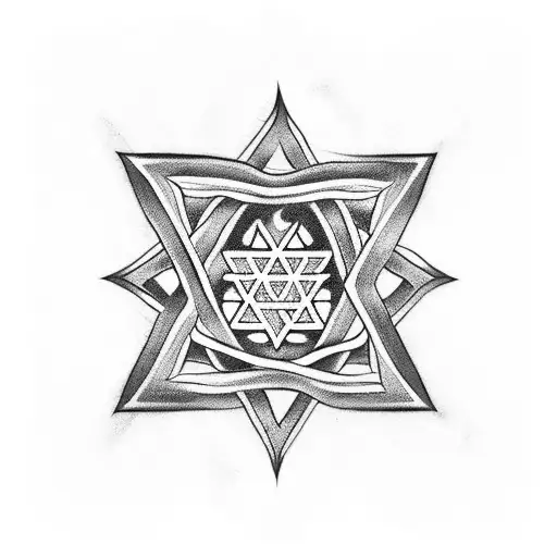 A Traditional Tattoo Design Featuring A Star Of David Surrounded By Vibrant Emerald Flowers