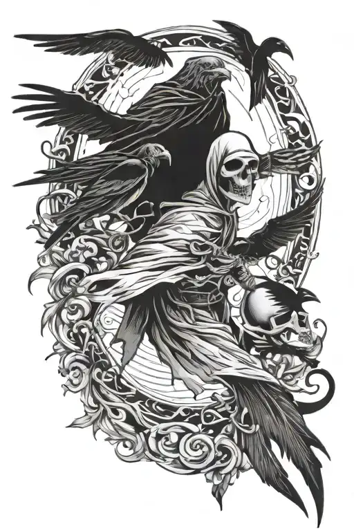 Reaper With Crows Flying Away