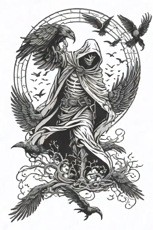 Reaper Standing With Crows Flying Over It