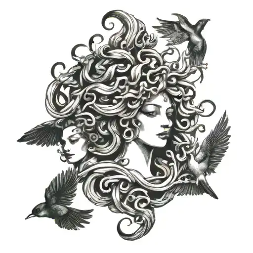 Medusa With Two Swallows And One Angel