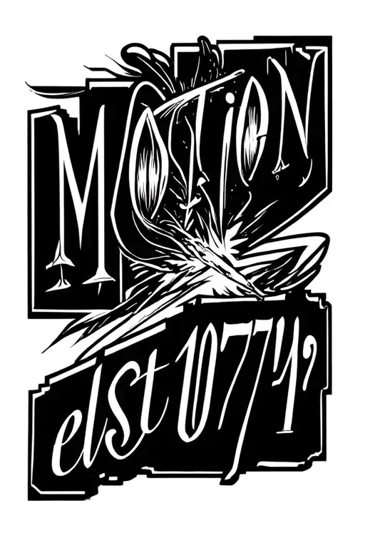 The Word Motion In Bold Letters And Under It Write Est And Under That Write 07'
