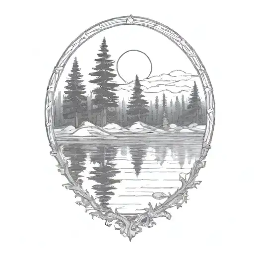 Cedar Forest Behind A Pond With A Fully Visible Shining Sun