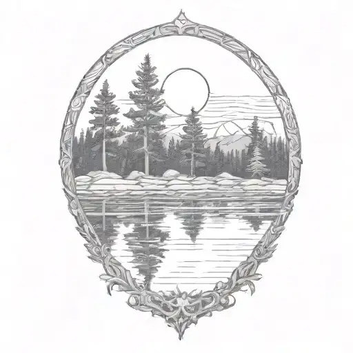 Cedar Forest Behind A Pond With A Fully Visible Shining Sun