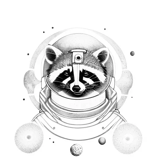 Raccoon Dressed As An Astronaut Floating In The Space With Stars And Planets
