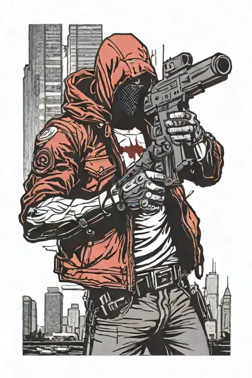 Red Hood Holding A Gun In One Hand In City Skyline In The Background