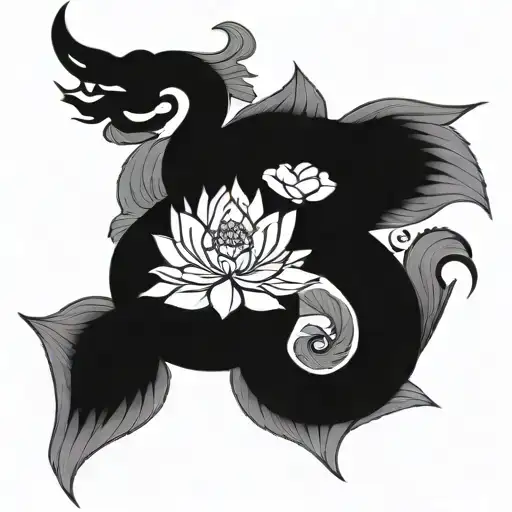 Khmer Naga Tattoo Intertwining With A Lotus Flower And Temple In The Background