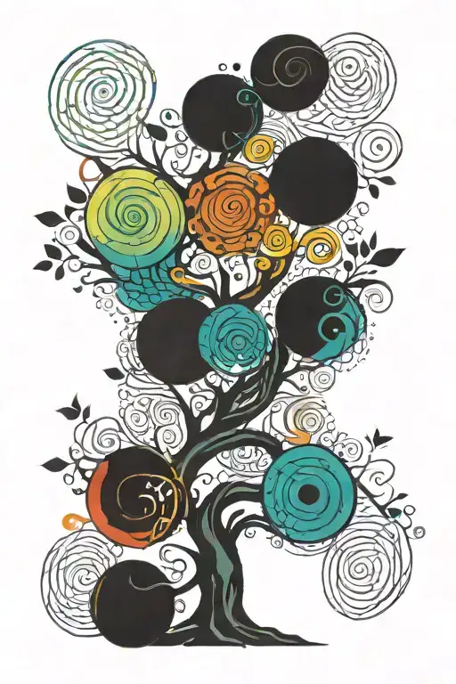Big Spiraling Tree Intertwined With Nine Different Colored Circles