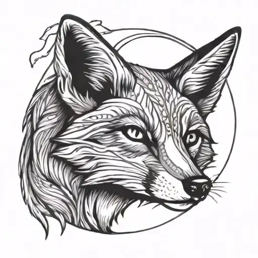 Black Line Drawing Of A Fox And A Crescent Moon