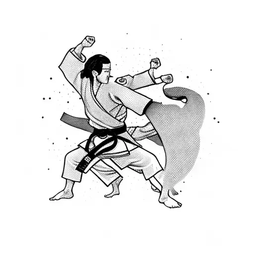 Karate Competitor In A Kimono And A Black Belt Punching To The Side