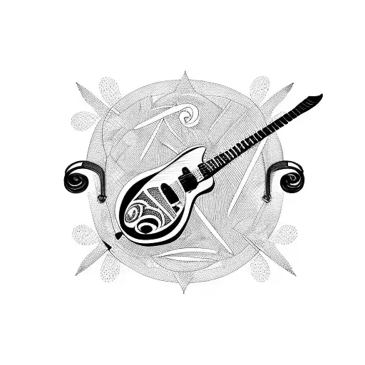 A Guitar Surrounded By Musical Notes And Symbols