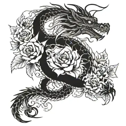 Dragon And Flowers Intertwined