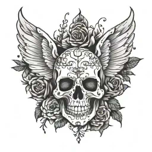 Skull With Wings And Flowers