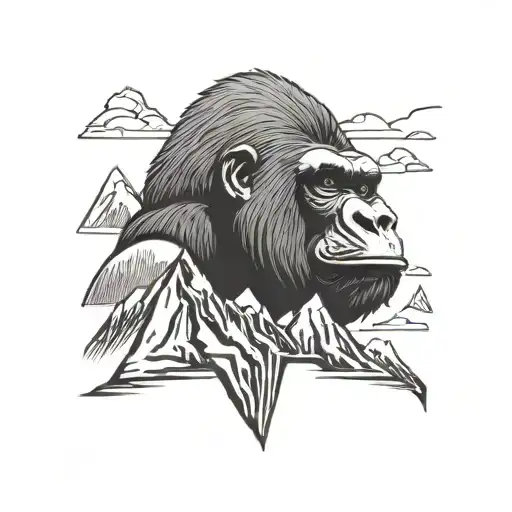 A Gorilla With Its Mouth Open And A Mountain Below