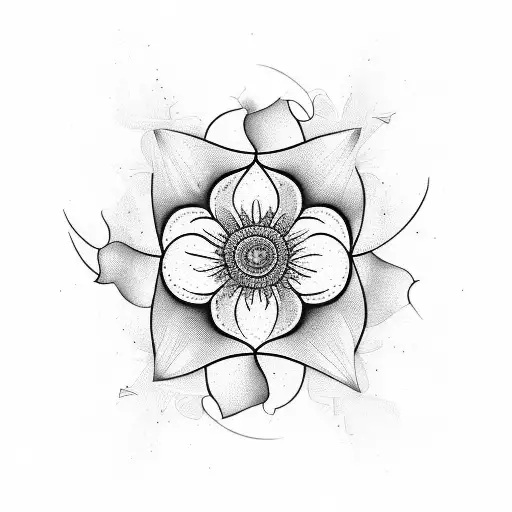 A Blackwork Tattoo Of A Blooming Flower Surrounded By Abstract Art Shapes
