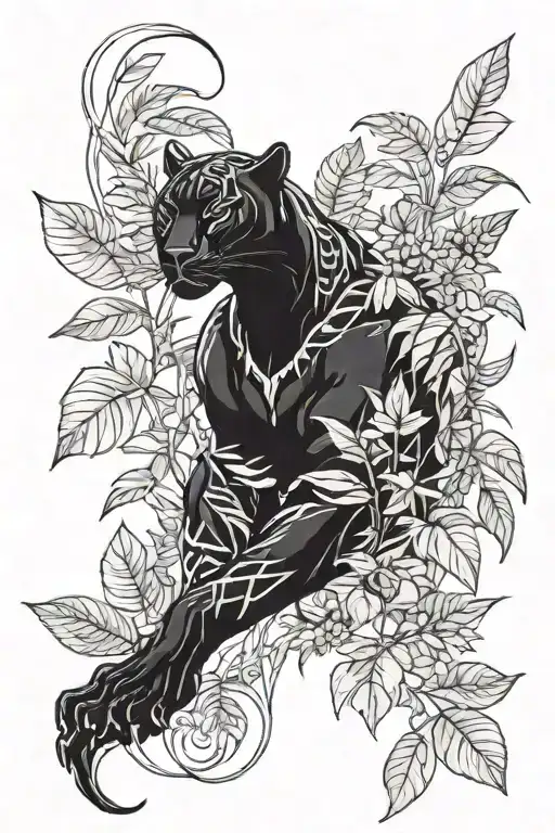 Full Body Of Black Panther In Jungle Leaves Intertwined