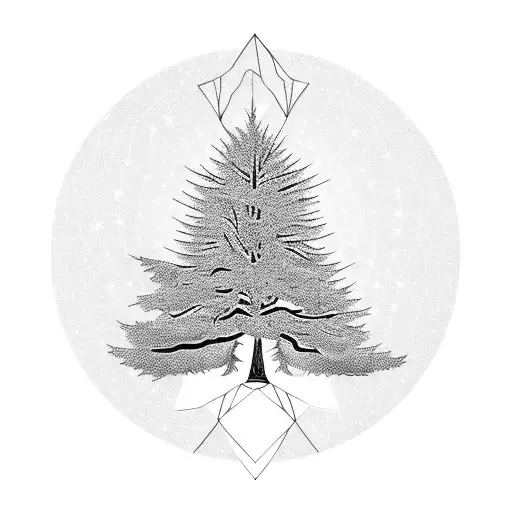A Tree That Is Half Pine And Half Willow With Geometric Frame And Shining Stars