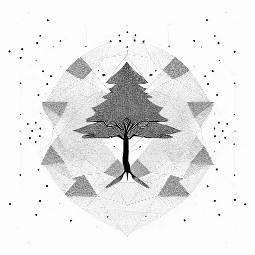 A Tree That Is Half Pine And Half Willow With Geometric Background And Stars