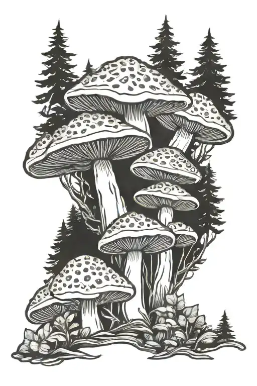 Mushrooms In A Forest Scene