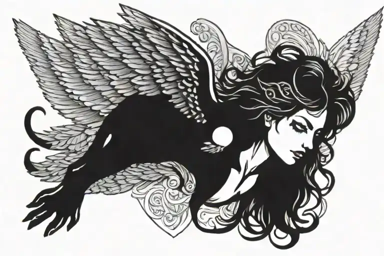 Woman Dark Angel With Wings Silloutte Laying Sideways On Top Of Panther Head