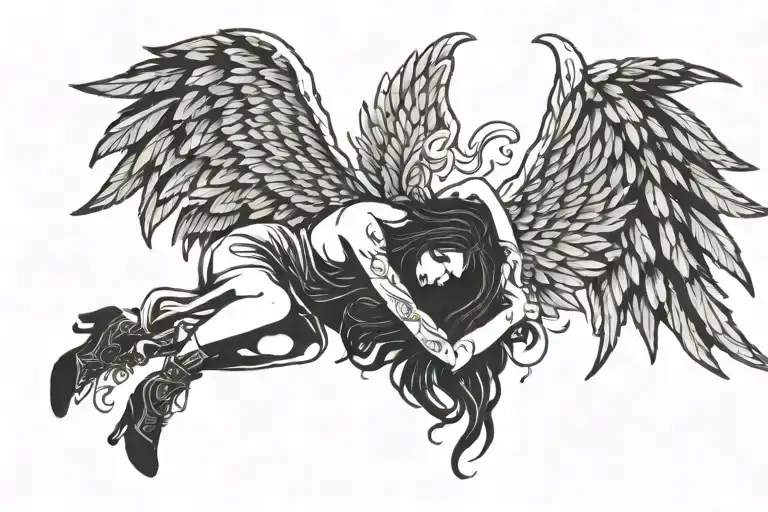 Woman Dark Angel With Wings Outline Laying On Their Stomach With Wings In The Air