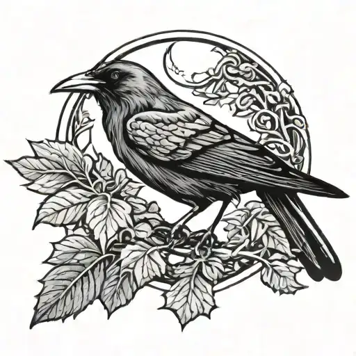 Witchy Raven With Ivy And Crescent Moon