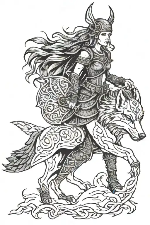 Viking Female Warrior With A Wolf Surrounded By Viking Symbols