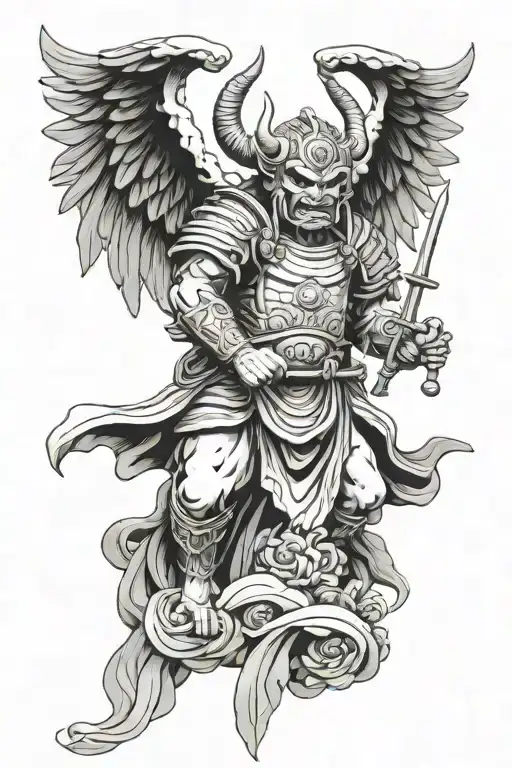 Roman Angel Statue Wearing A Japanese Oni Mask Holding