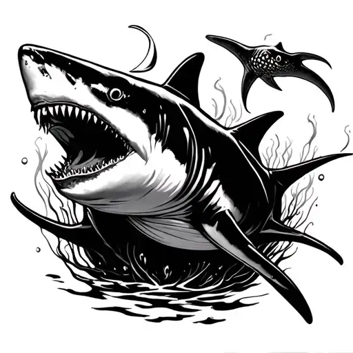 Shark Surrounded By 2 Stingrays