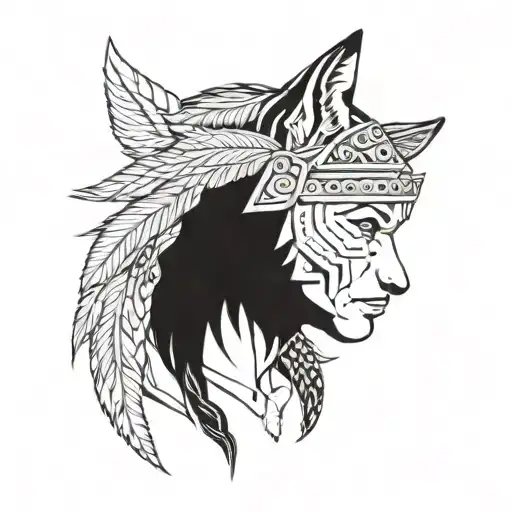 Indios Male Portrait And Wolf Head Beside