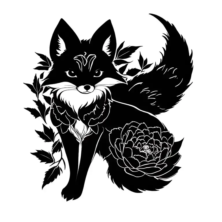 Fox With A Spread Tail With A Peony Flower
