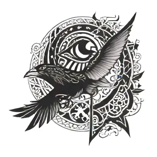 Eyes And Nordic Runes With Bird Flying