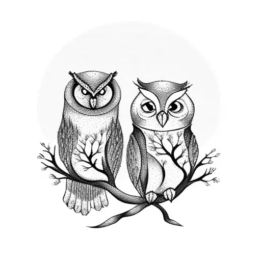 A Romantic Scene Of Two Owls Sitting On A Japanese Cherry Blossom Tree