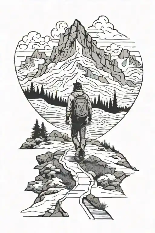 Man Walking On Path Leading To A Mountain With A Wolf