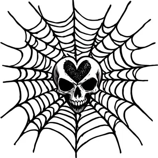 Black And White Heart Shaped Spider Web With Skull