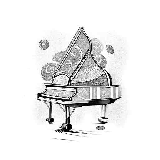 A Blackwork Tattoo Of A Grand Piano With Money Notes Swirling Around It