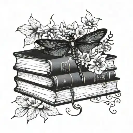 A Stack Of Books With Dragonfly Wings And Flowers Growing Out Of The Pages